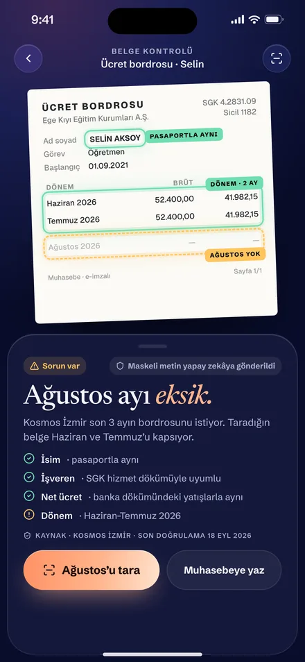 Belge kontrolü ekranı: ücret bordrosunda Ağustos ayı eksik uyarısı ve düzeltme adımı.